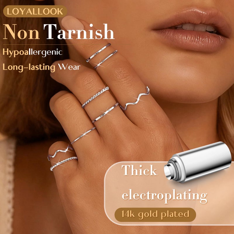 LOYALLOOK 8PCS Silver Stacking Ring Set for Women Dainty Thumb Stackable Rings Stainless Steel Silver Thin Rings Pinky Midi Ring Set - Image 2